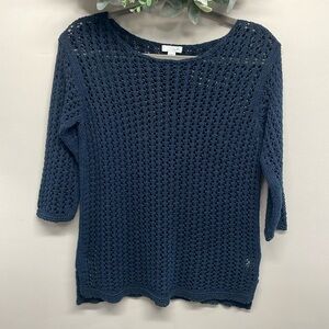 J. Jill Navy Open Knit Crochet 3/4 Sleeve Sweater XS